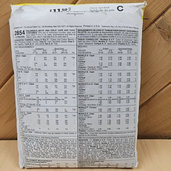 UNCUT McCalls Costumes Pattern 2007 2854 Uncut Sewing Pattern For Capes Cloaks - Picture 2 of 3